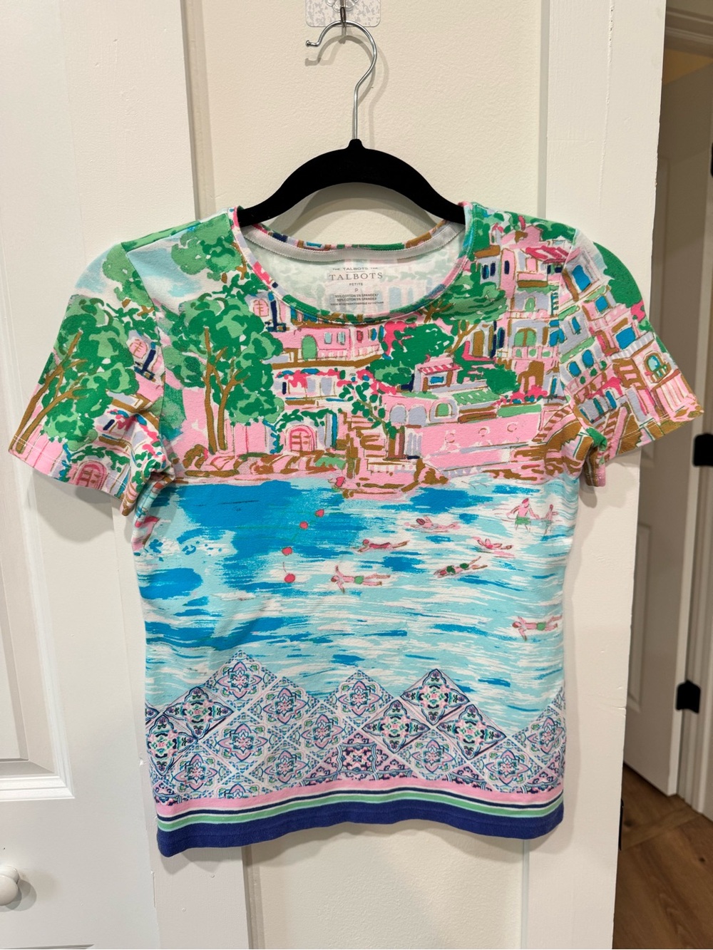 Talbots Pink, Green & Blue Scenic Coastal Print Short Sleeve Tee